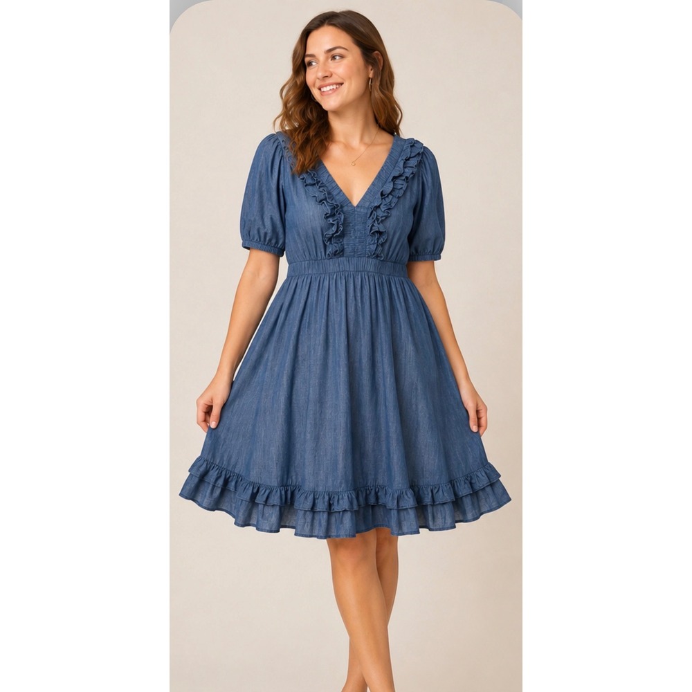 Wayward Fancies eShakti Blue Denim Ruffle V-Neck Smocked Fit Flare Dress Pockets